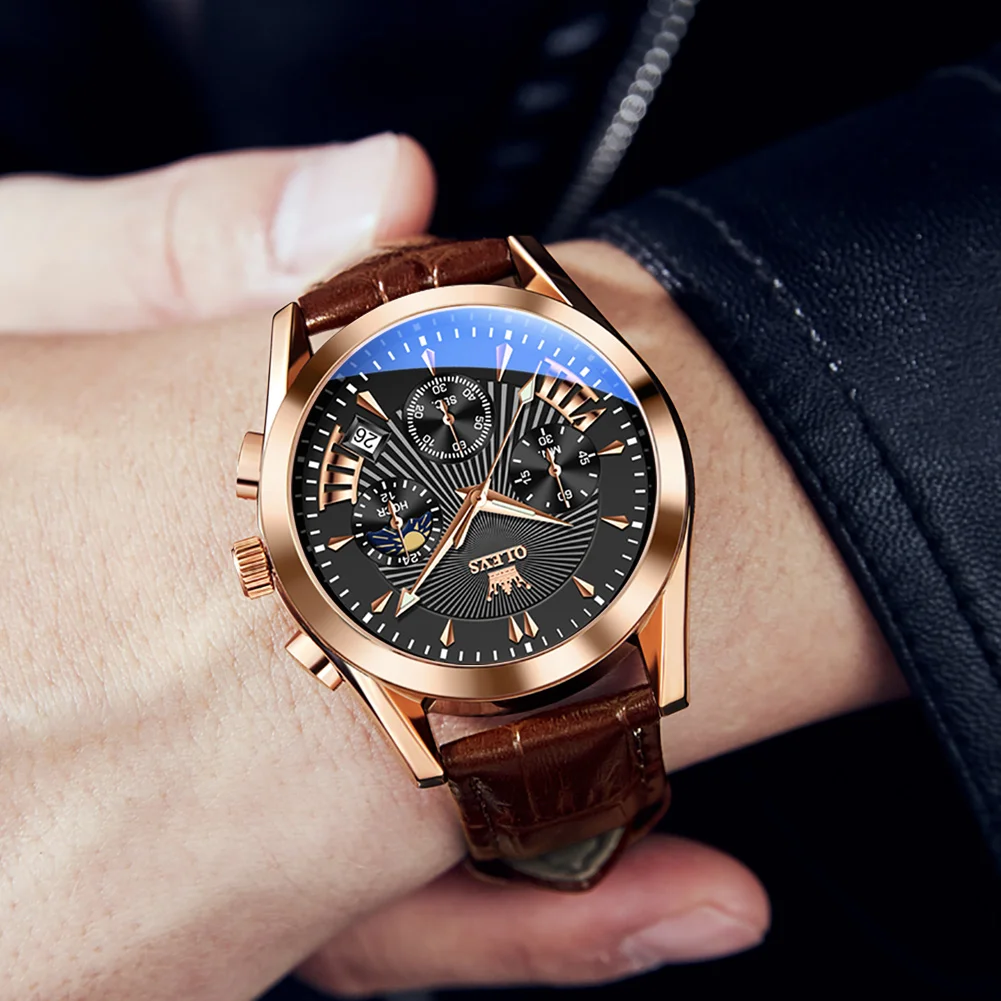 OLEVS Luxury Leather Brown Chronograph Watches for Men Quartz Wholesale Supplier Brand Wristwatches