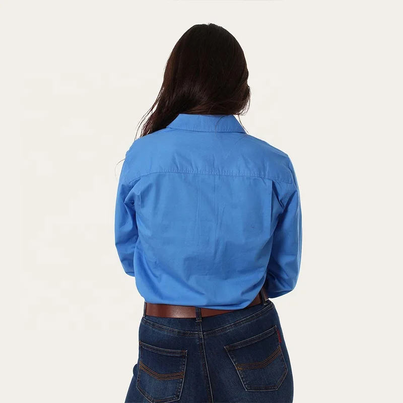 Women cotton drill button up work shirts for women long sleeve turn down collar solid color country work shirts