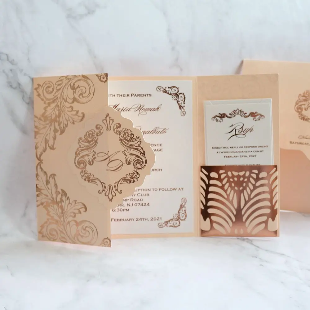 Blush Pick Gate Fold Wedding Invitation Card with Custom Foil Monogram for Bridal Shower Party Event