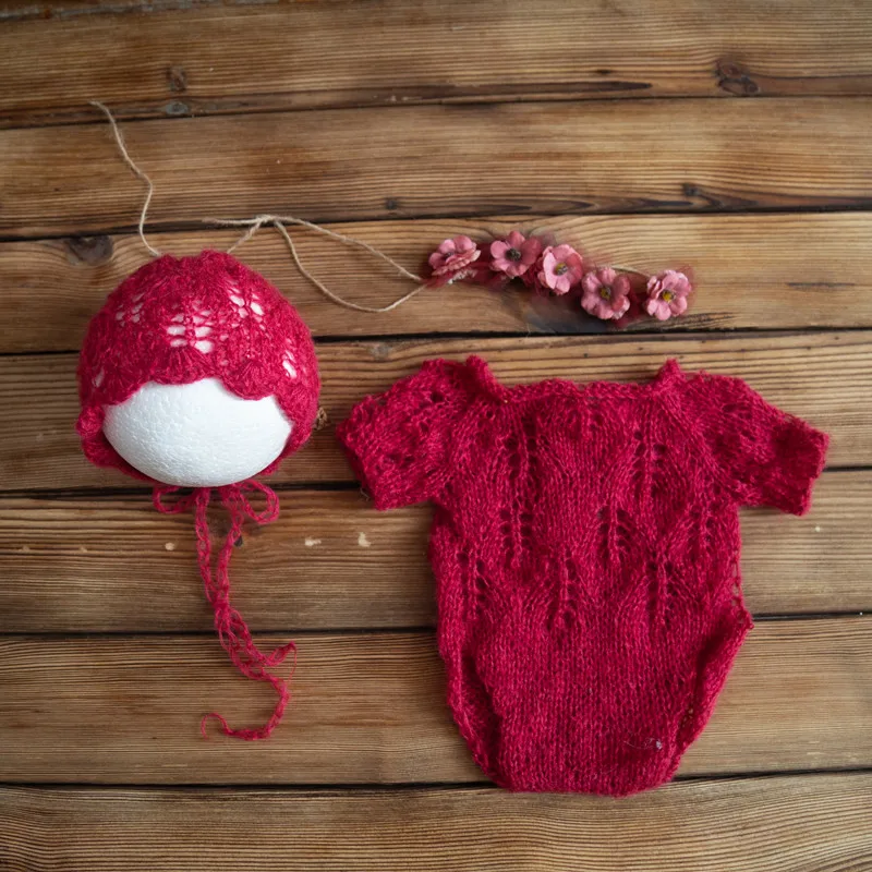 Knit Mohair Bunny Bonnet And Romper Set Newborn Baby Clothes Outfit Crochet Pants Overalls Full Sets Jumpsuits Photography Props