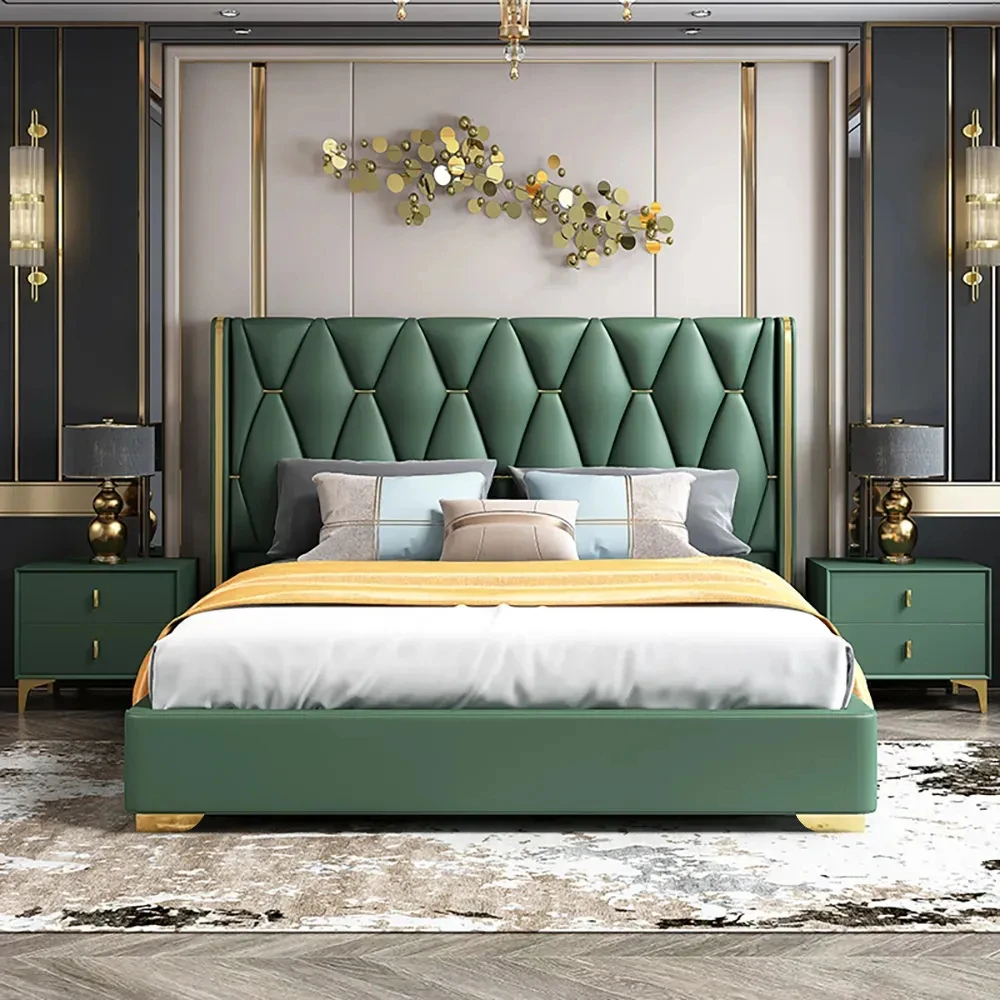KEHUI Leather Beds Luxury Modern Design Bed Frame Futon King Size Pink Power Post Sewing Platform Genuine Leather Beds