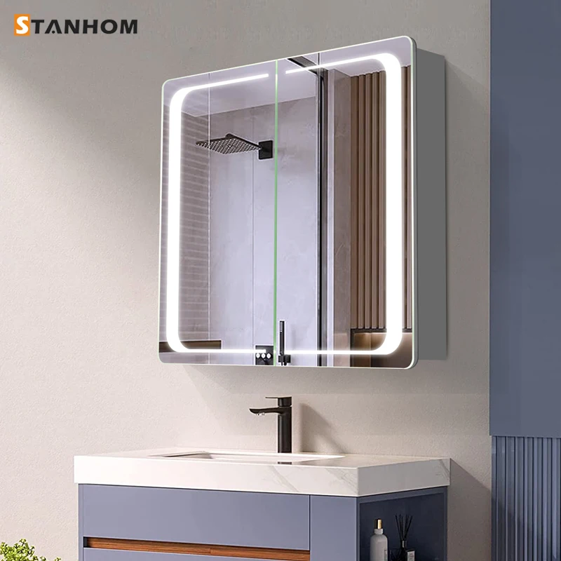 STANHOM Luxury Storage Automatic Anti Fog Vanity Mirror Cabinet for Bathroom Toilet Bedroom