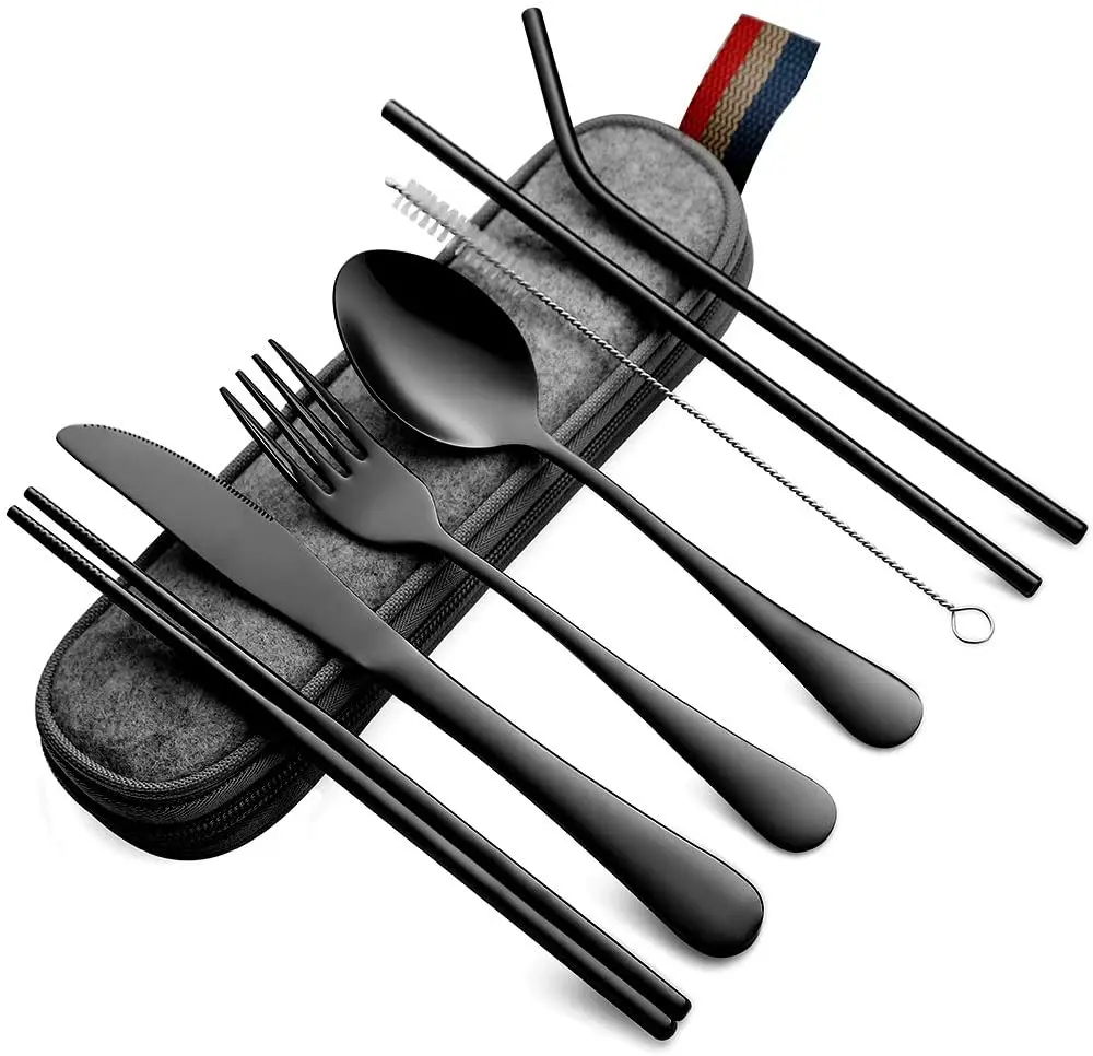 Portable Cutlery Set Stainless Steel Outdoor Camping Travel Flatware Utensils Set With Pouch