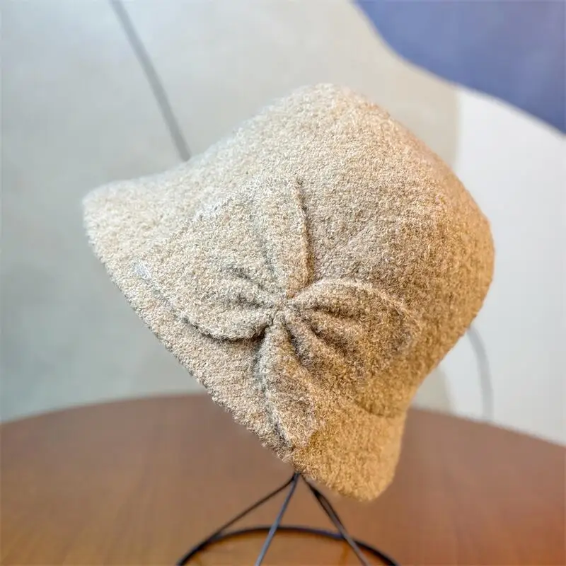 BESTELLA Custom Vintage Elegant Striped Fedora Beanies Adult Rolled Mother Winter Bucket Hats with Bowknot Lady Fleece Headwear