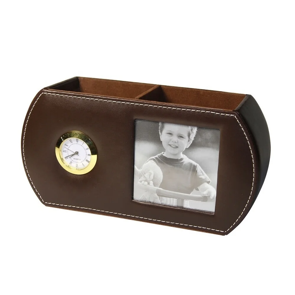 LG-B055  geometric shaped with mini needle clock and photo frame faux leather desk organizer pen holders gift