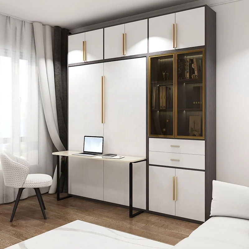 Space Saving Solutions Plywood Material Double Flip Wall Bed With Shelves and Cupboard