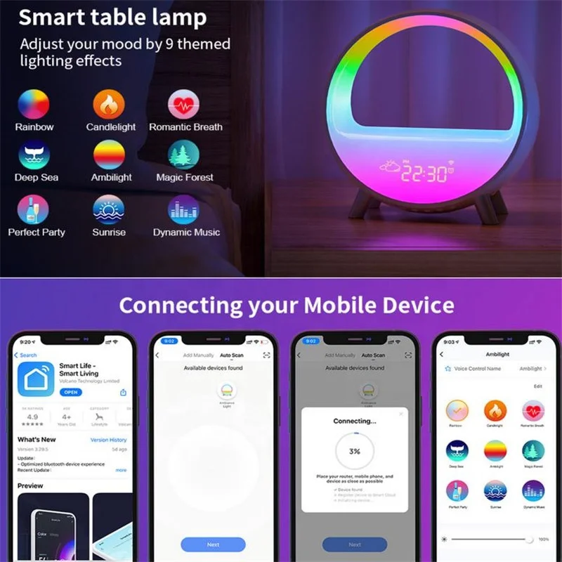 Светодиодная атмосферная лампа Rgb беспроводное зарядное устройство будильник 15 Вт настольная Bluetooth-динамик с управлением через приложение имитация восхода и