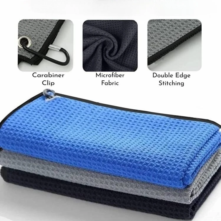 Wholesale waffle microfiber golf towel personalized logo quick dry sports towel with clip and beach towel