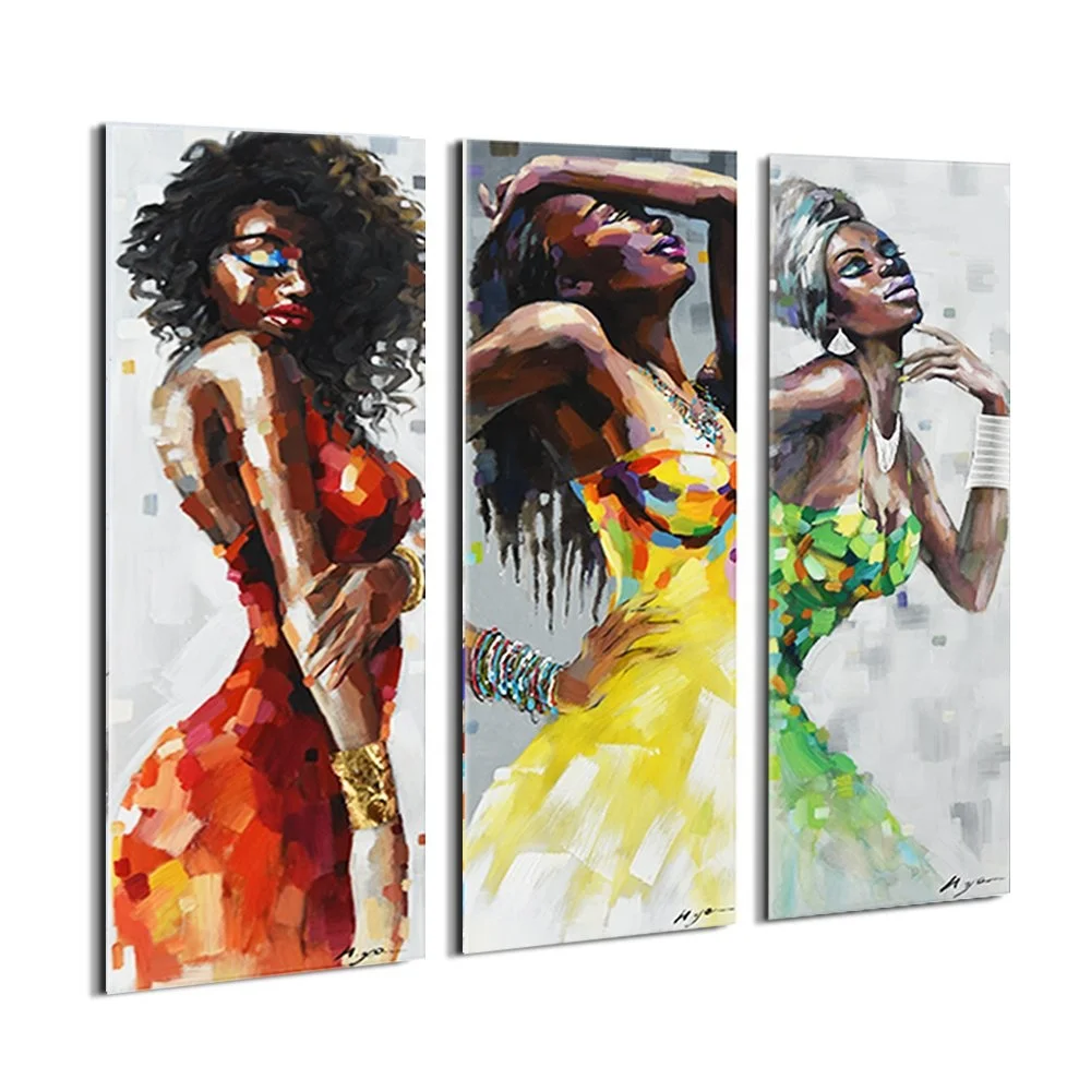 Fashionable Dancing Black Women in Dress African Art Canvas Painting Framed Set of 3 Panels
