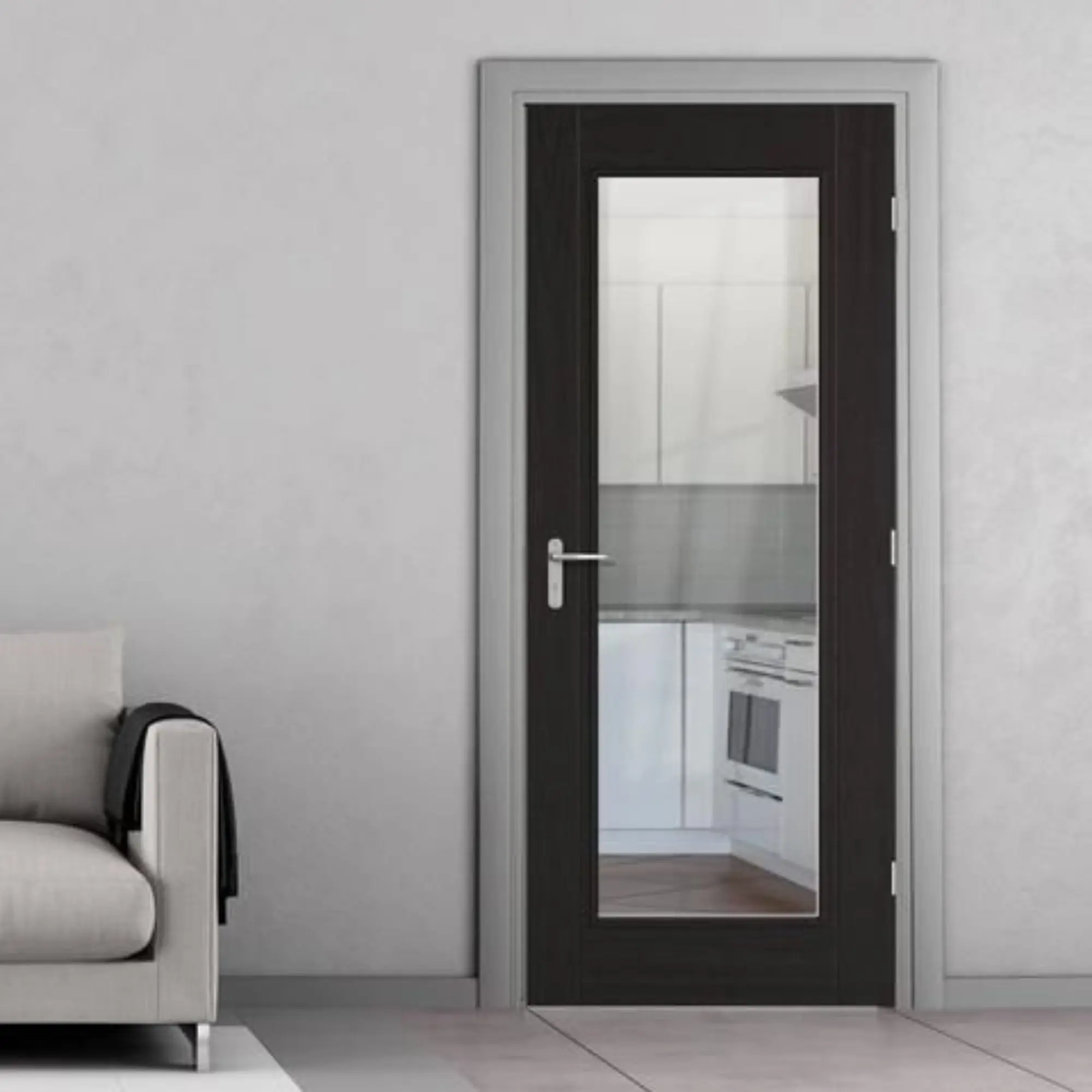 Pre-hung Classy Modern Solid Wood Panel Interior Clear Glass Kitchen Door