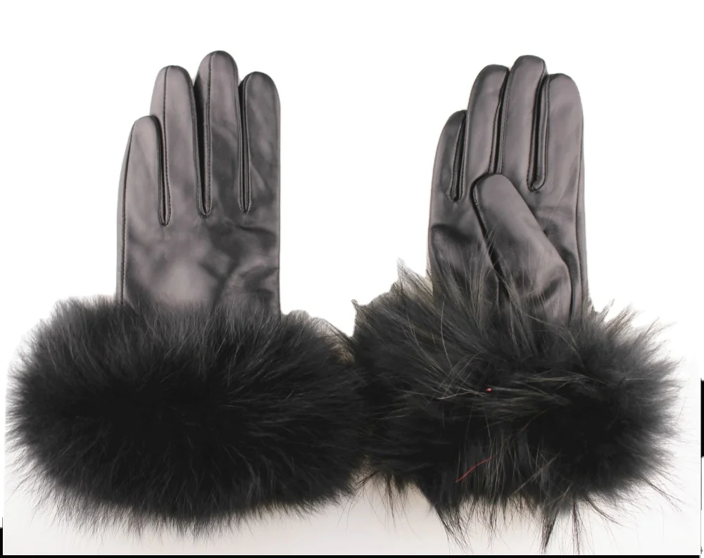 Ladies leather gloves with rex rabbit fur cuff