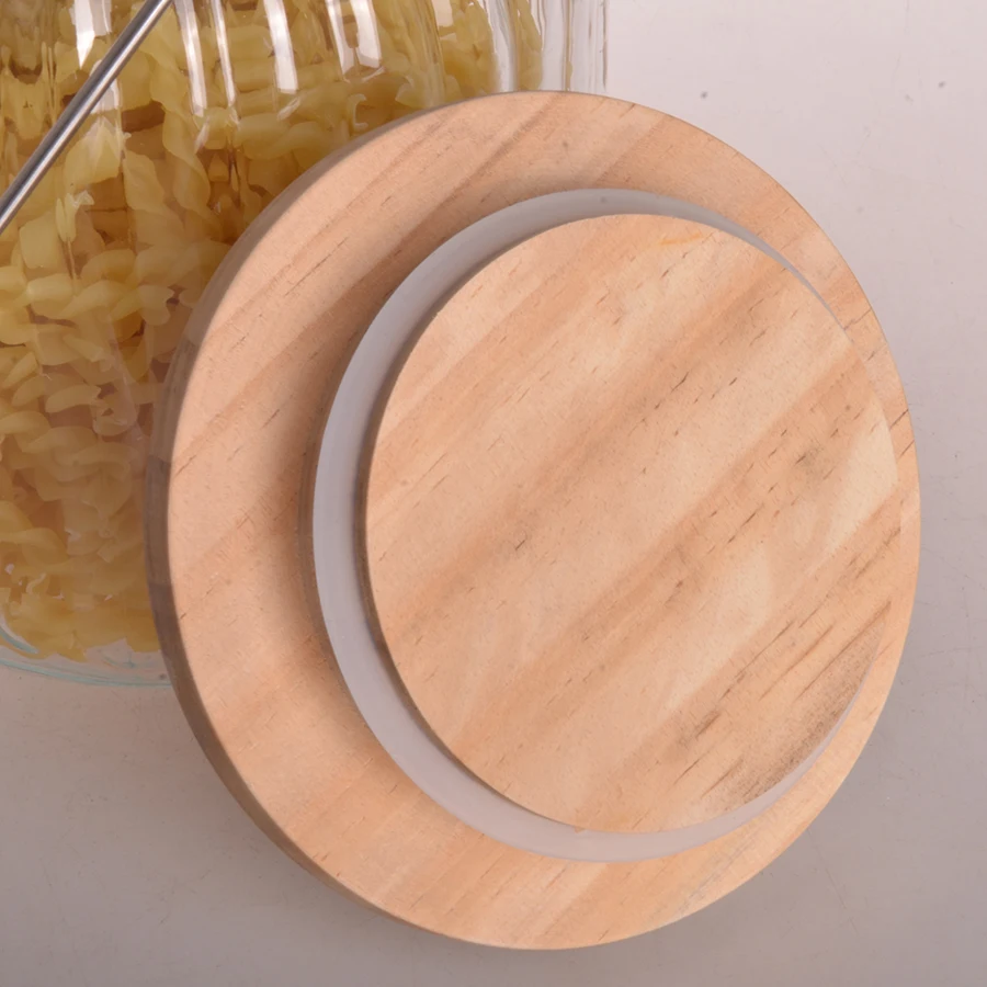 wholesale clear kitchen preserve food glass spice storage jar with airtight wooden top and handle