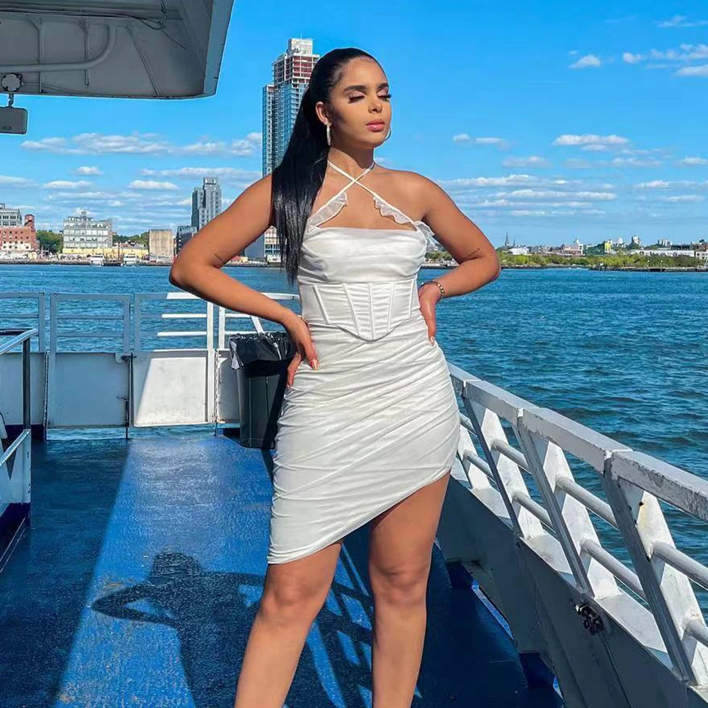 Милое Сетчатое вечернее платье с оборками и перекрестными лямками, элегантное атласное платье миди с лямкой на шее, открытой спиной и скрытой молнией, корсет, коктейльное платье