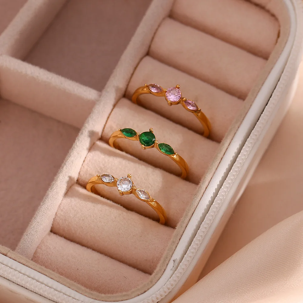 Fashion 18K Gold Plated Stainless Steel No Fade Emerald Band Rings Stackable Titanium Steel Multi Colors Zircon Ring for Women