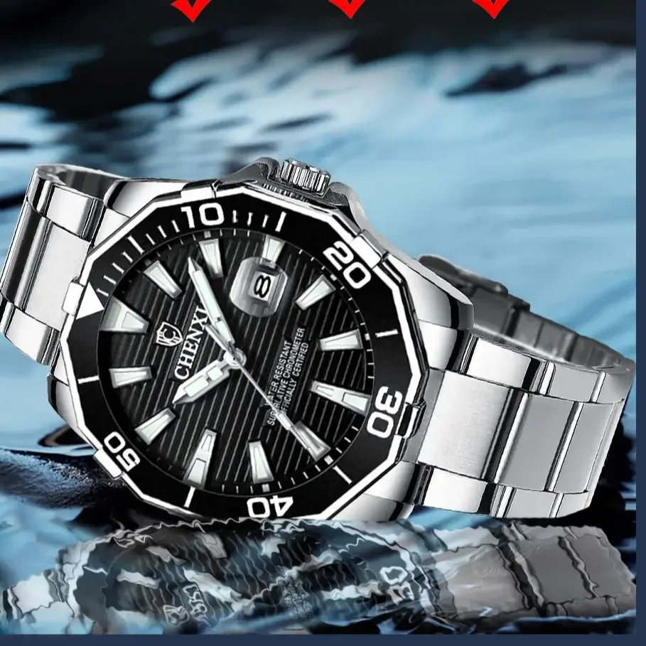 CHENXI Watch For Men 8205 High Quality Stainless Steel Waterproof Luminous Quartz Watches Calendar Wristwatches Mens Bracelet