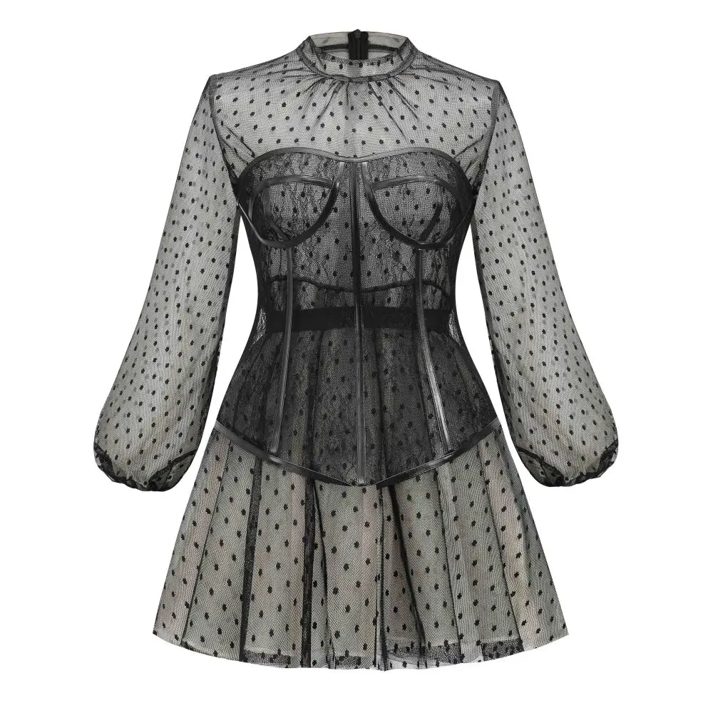 
Amazon 2021 New Fashion Temperament Chiffon Girdle Dress Woman Bubble Sleeves Black Mesh Dress Suit Dress 