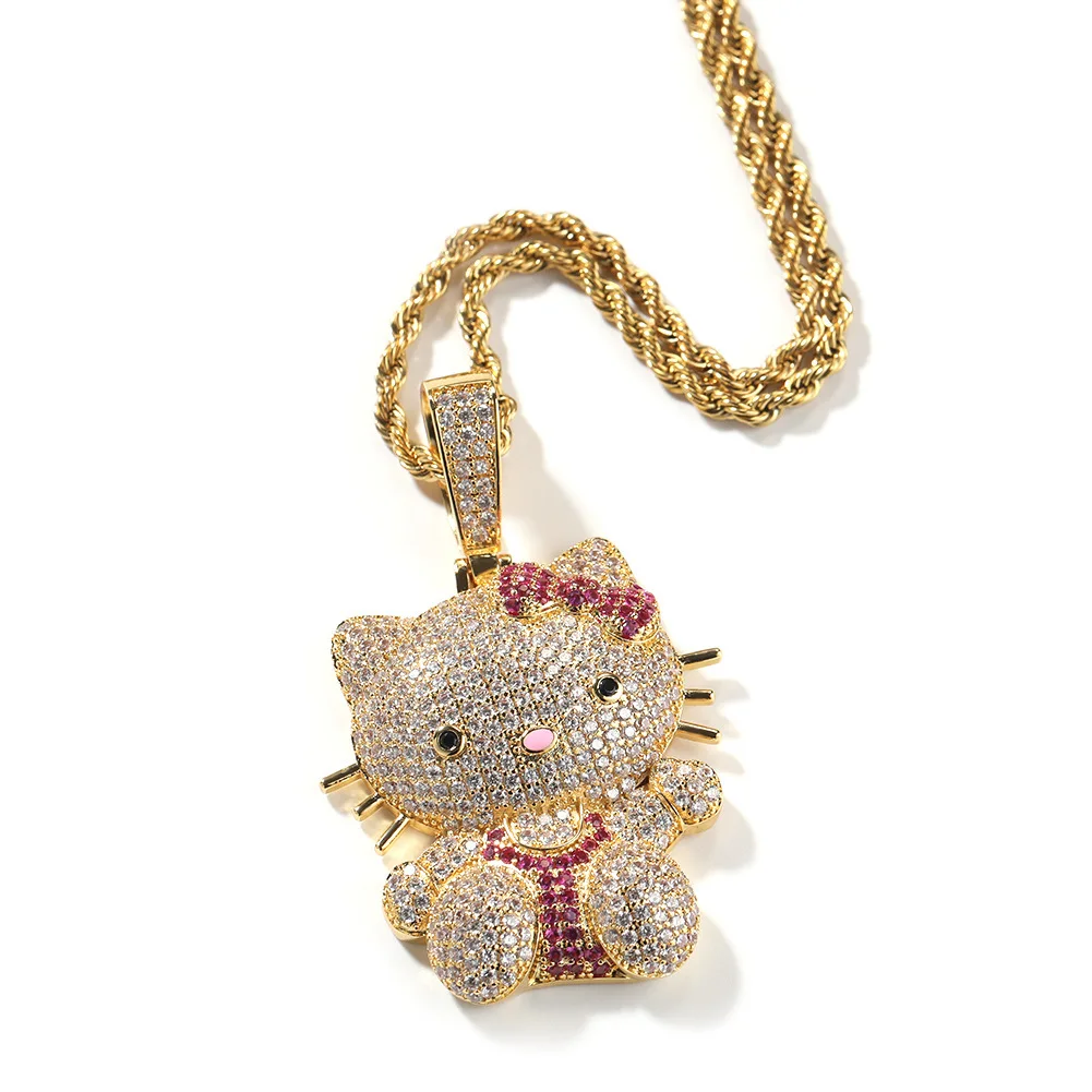 European American Micro Zircon Pendant Necklace New Hip Hop Trend with Cute Cartoon Cat for Men Women Silver Jewelry Accessory
