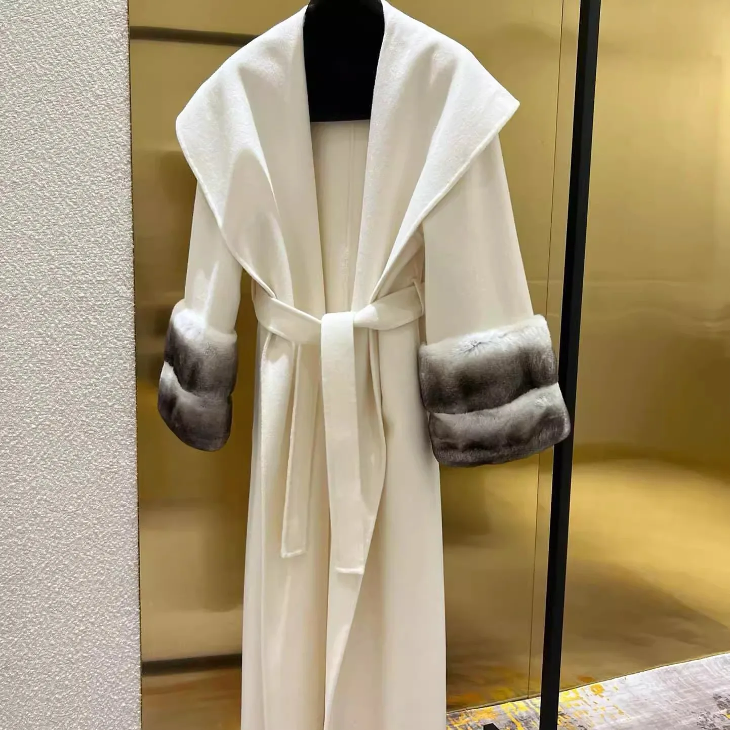 New high-grade luxury coat wool fox fur coat waist-tight double sided cotton woolen coat