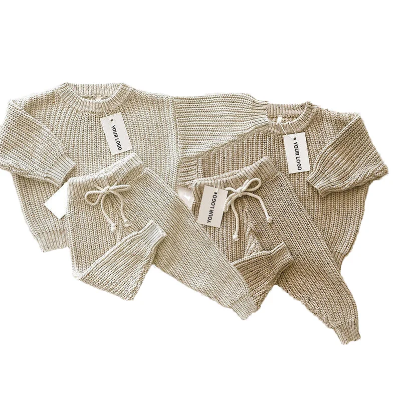 Custom Logo Sprinkle Cotton Baby Sweaters New Born Winter Clothes Ribbed Chunky Knitted Pant Long Sleeve Kids Knitwear Set