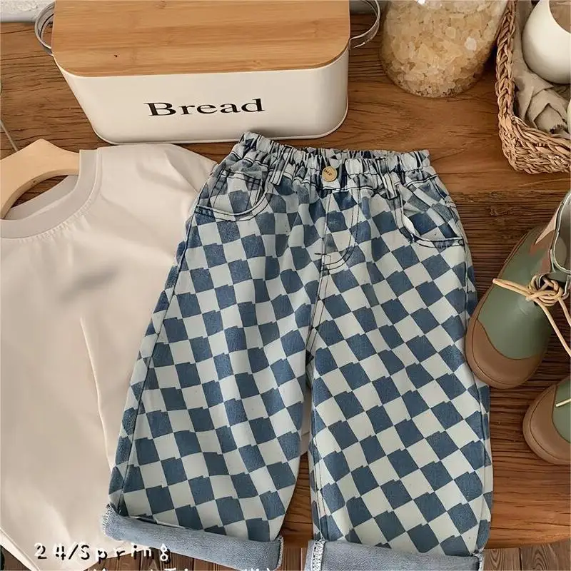 Wholesale 2024 Spring Diamond Plaid Kids Jeans Pants