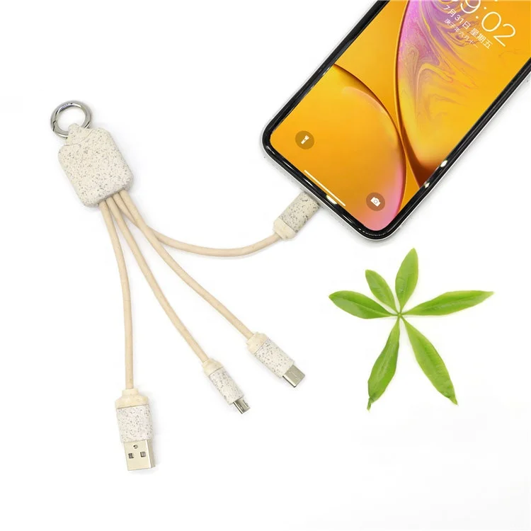 Eco-Friendly Promotion Gift Wheat Straw USB Charging Cable Custom Logo Portable Multi 3 in 1 USB Type-C Micro OTG Charger