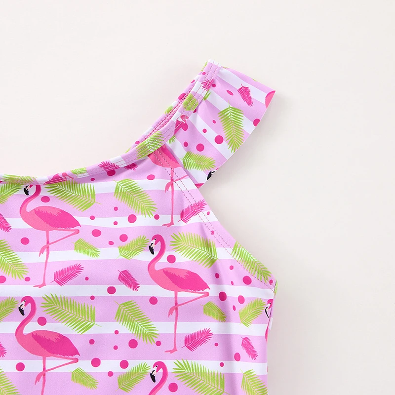 Pink Flamingo Girl One-Piece Swimsuit for Girls and Children Small Ruffled Beachwear Supply