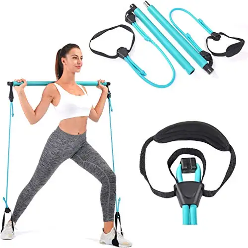 Adjustable Portable Pilates Bar Kit with Resistance Band Yoga Pilates Exercise Stick Muscle Toning Bar with Foot Loop for Total