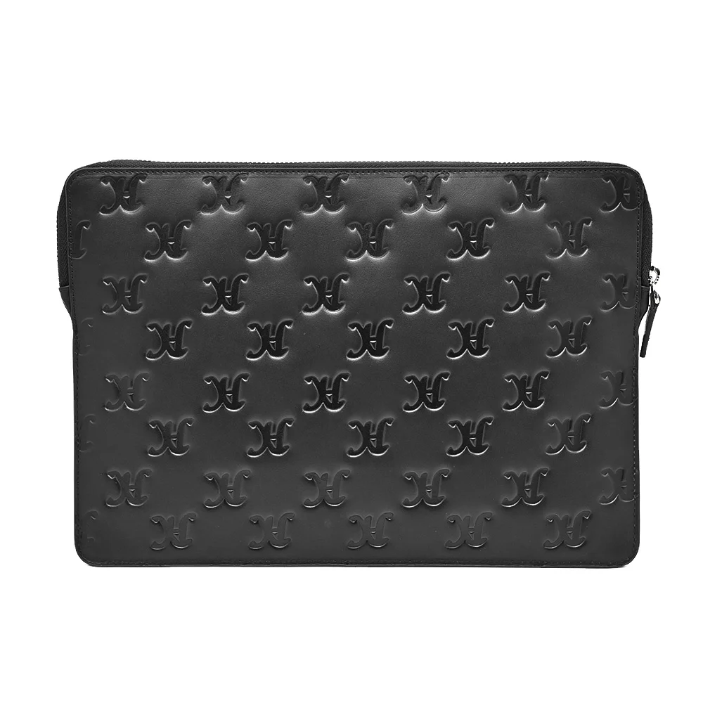 Custom full emboss logo black genuine real cow leather 13in computer protector cover laptop sleeve bag case