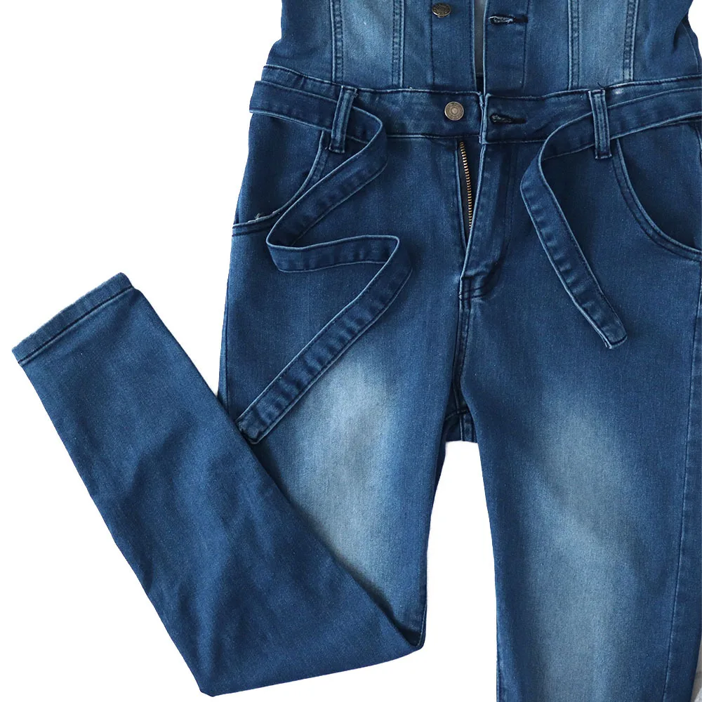 2022 Latest Design Turn-down Collar Solid Color Button Bodycon Jeans Women Trendy Style Sexy Beaded Women Denim Jumpsuit