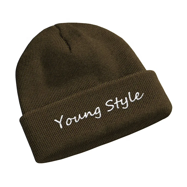 Custom Unisex Long Ribbed 100% Acrylic Cuffed Knitted Beanie Hat with Embroidery