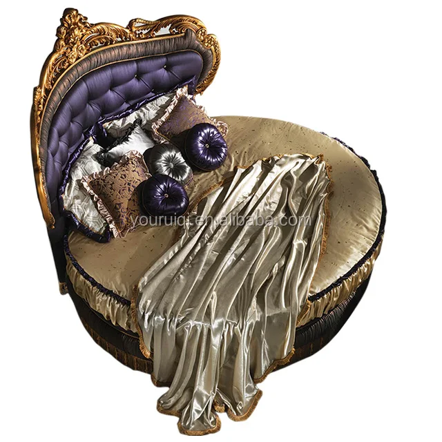 French Round Gold Bed, Classic Carved Wood Gilded Silk Fabric Bed, Italian Brand Gold Bedroom Furniture