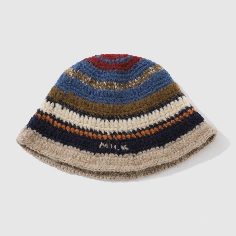 New Arrival Women Colorful Knitted Hand-hooked Striped Bucket Hat For Autumn And Winter crochet knit bucket