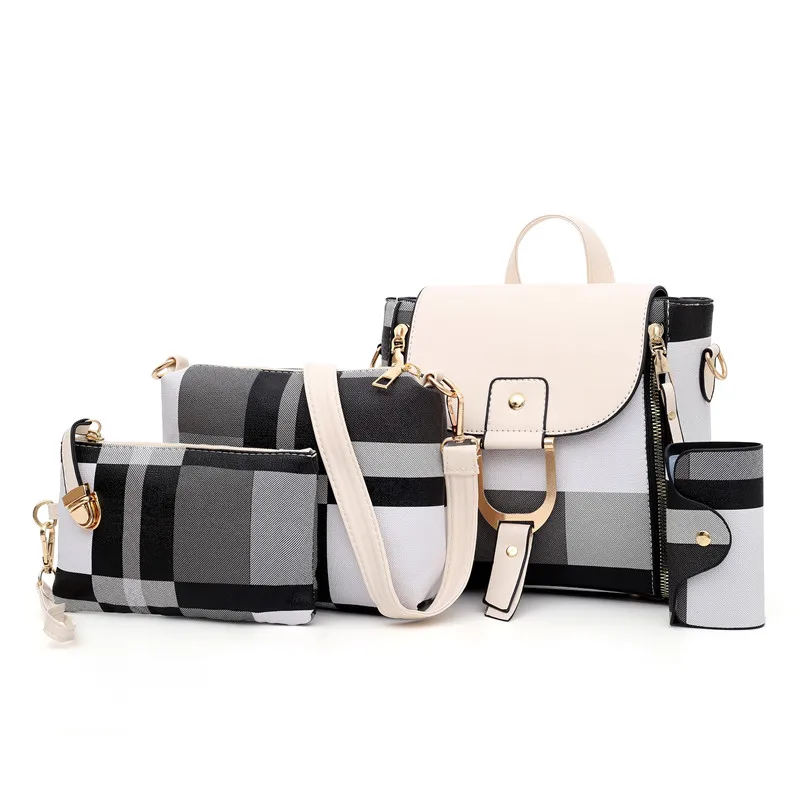 Wholesale Vintage Girl Handbags Stripe Plaid Pu Leather Tote Bag 4 Pieces Tote Lady Bag Women Shoulder Bags