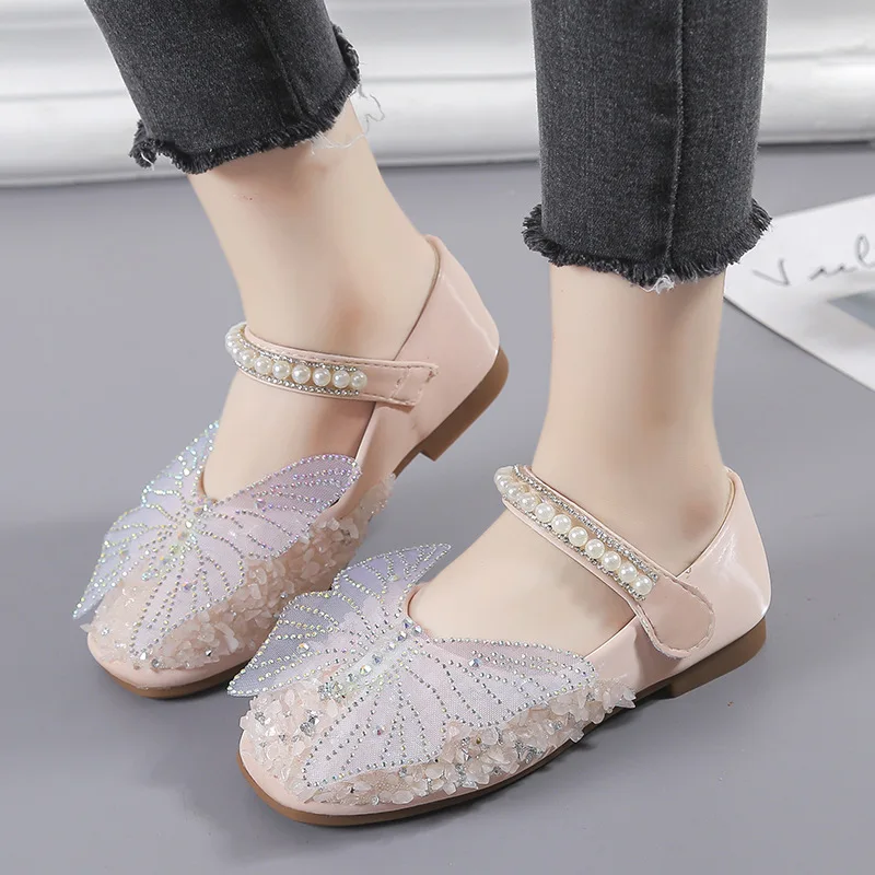 2021 new products girls sandals leather shoes rhinestone pearl butterfly children dance stage girl