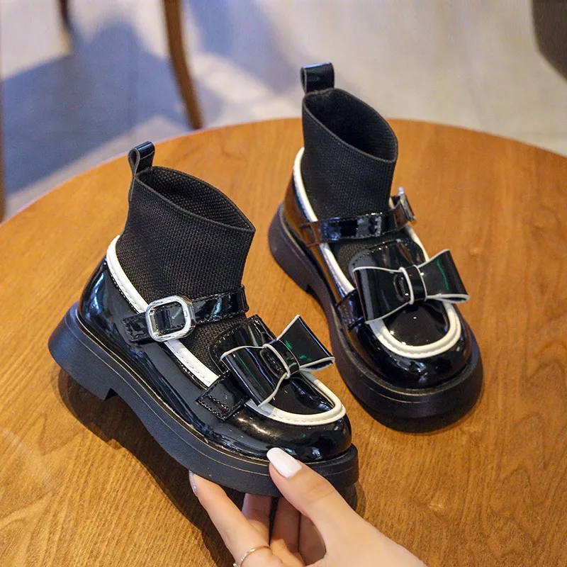 Shangzhou OEM Bota Girls Socks Boots Bow Leather Boots College Style
