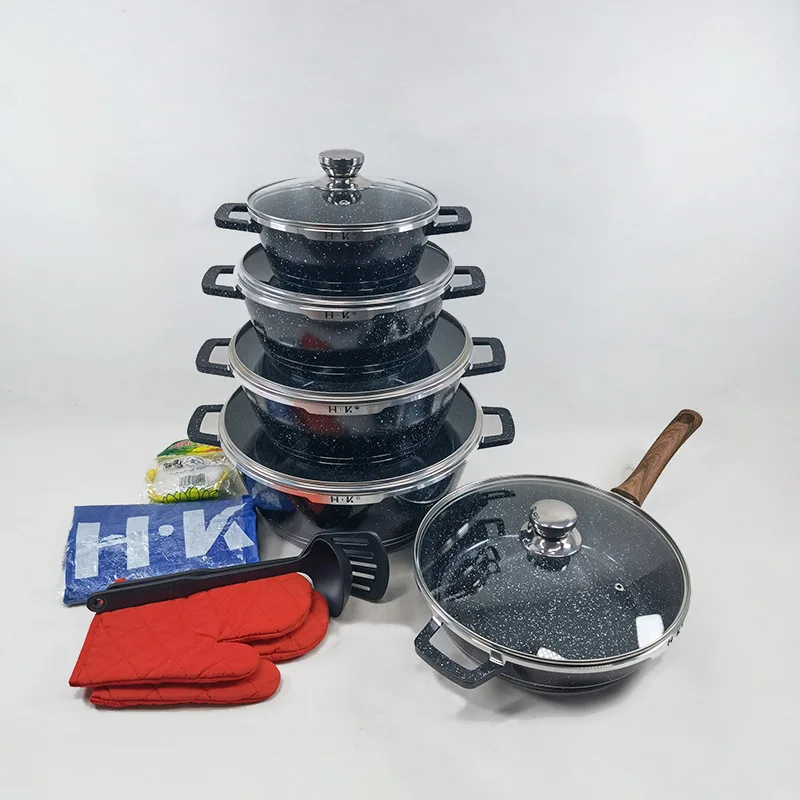 Hot Sale 16-Pcs Marble Stone Non-Stick Cookware Set Granite Induction Bottom Cooking Pots with Insulated Gloves for Kitchen Use