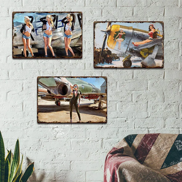 Pin Up Gril Flying Artwork Vintage Metal Sign Plane Tin Sign Bedroom Living Room Wall Decor Machinery Metal Poster Wholesales