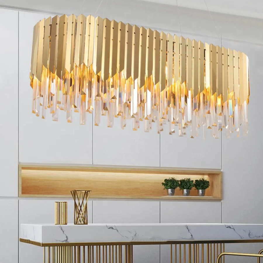 Modern luxury antique egyptian gold metal rectangle glass transparent bubble crystal pendant light living room chandelier lamp