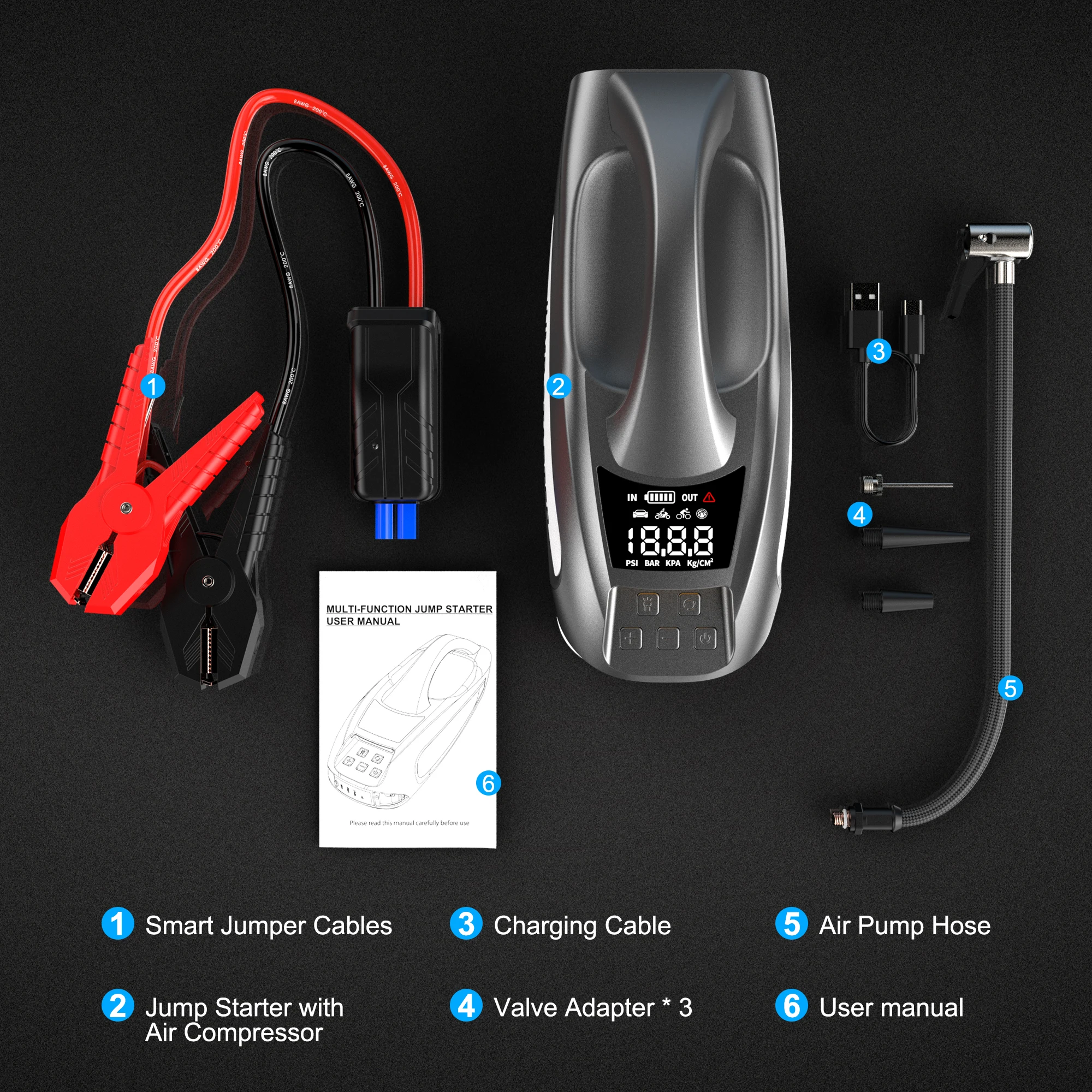 6000amp Start Current 3000a Car Jump Start With Air Compressor Portable Jump Starter Battery Booster With Air Pump Jump Starter