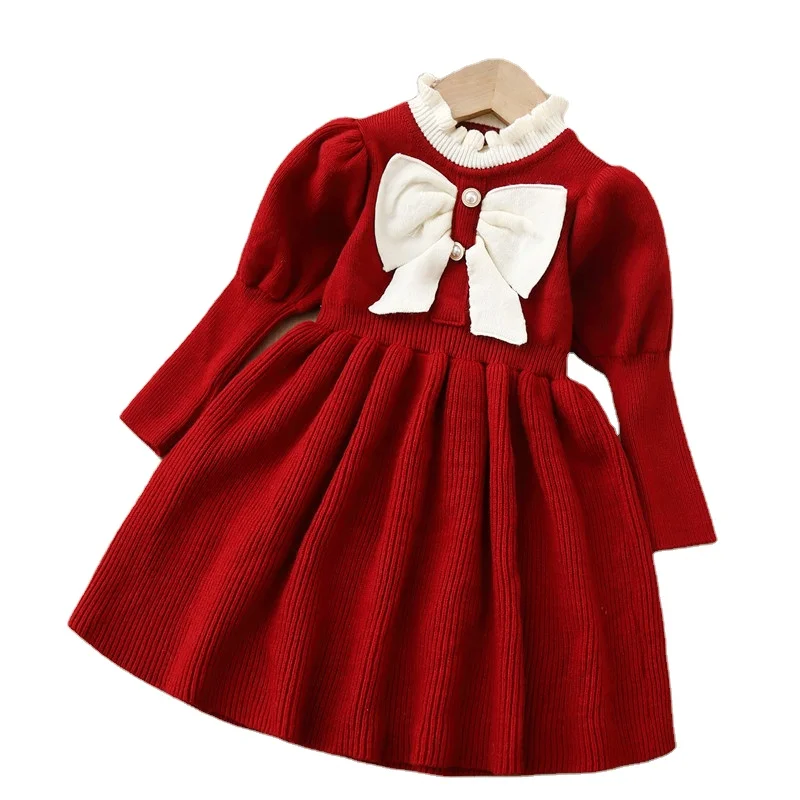 Fashion Children Autumn Clothes Warm Sweater Baby Girls Princess Dress Party Birthday High Quality Bowknot Girl Knitting Dresses