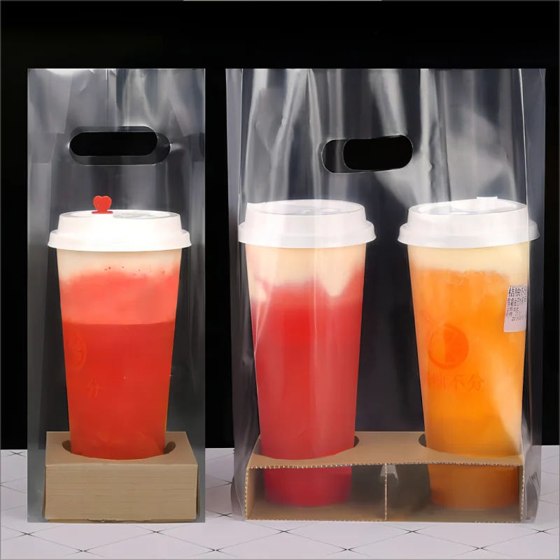 Biodegradable Custom Mylar Take Away Tote Drinking Cup Packaging Boba Tea Plastic Bag Boba Bag for Boba Tea