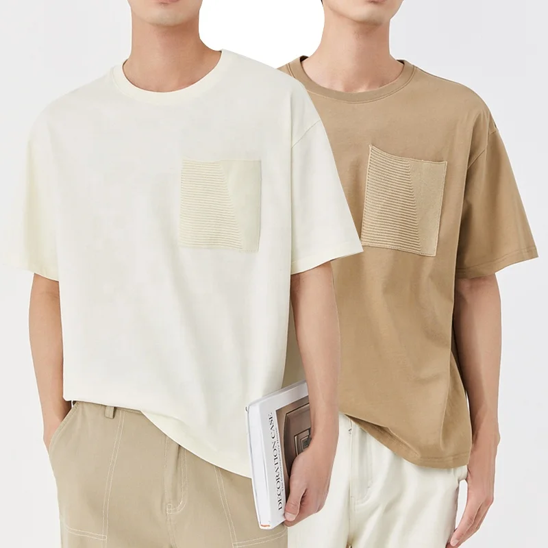Summer Chest Pockets Basic T Shirt Men 100% Cotton Breathable Solid Tshirt Loose Casual Men T Shirt