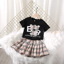 IHJ3105 детская одежда летняя новая футболка с короткими рукавами для маленьких девочек + клетчатые юбки