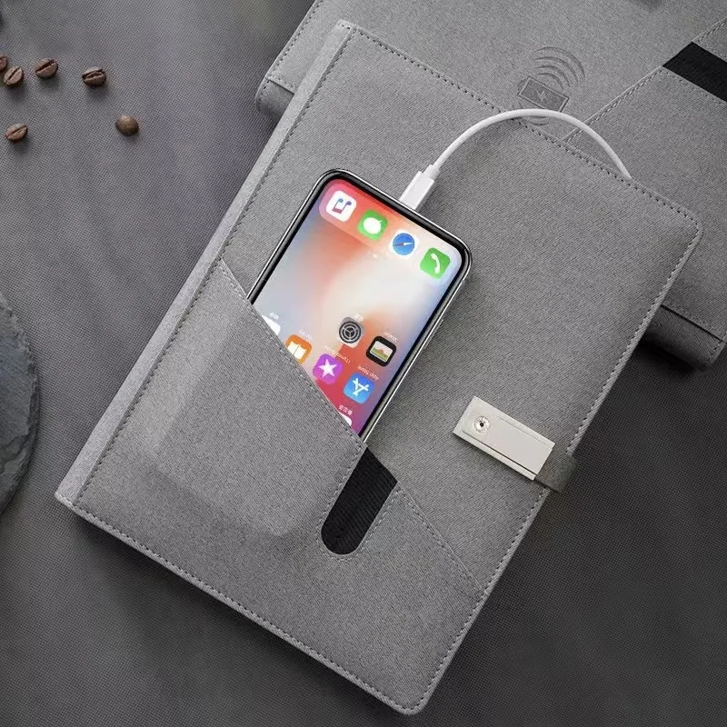 Pocket Cover Notebook with USB Flash Drive 8000mah Power Bank Wireless Charging A5 Diary Planner for Business Gift