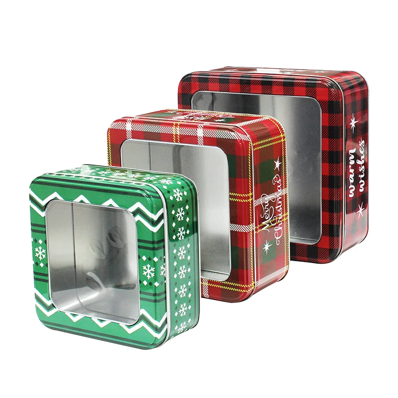 Tinplate Manufacturers Custom Christmas Storage Tin Candy Gift Box Square Shape Metal Tin With Clear Top