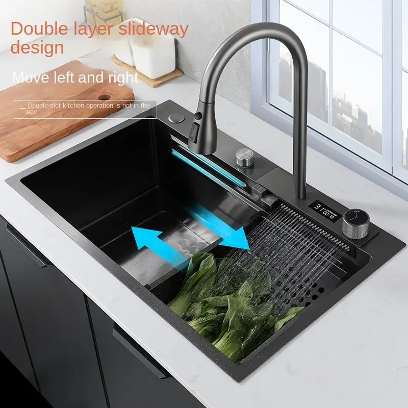 Gun grey Step Design Multi-functional Double Tank Easy To Clean Anti-bacterial Kitchen Sink