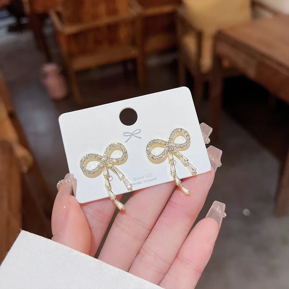 Shiny 925 Silver Needle Gold Zircon Pearl Tassel Bow Butterfly Heart Stud Earrings Women Opal Clover Flower Drop Earrings