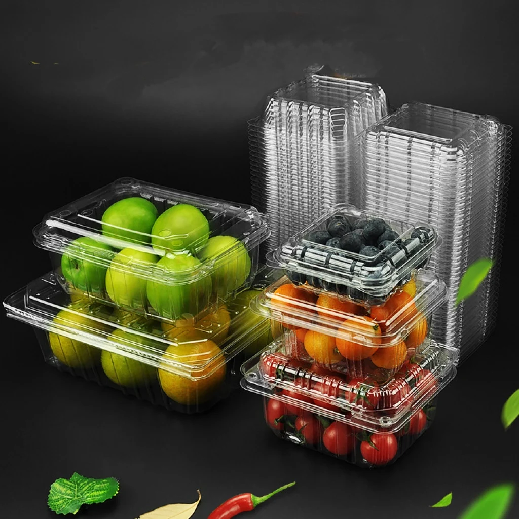 750G Plastic Food Grade PET Fruit Container Clamshell Packaging Box  Hole Strong Lock Hinged Lid