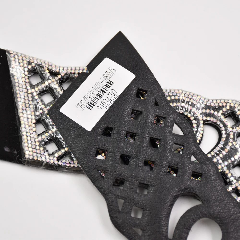 Latest customized designs semi-finished woman PU suede shoe upper bling glass decoration rhinestone strip shoe upper materials