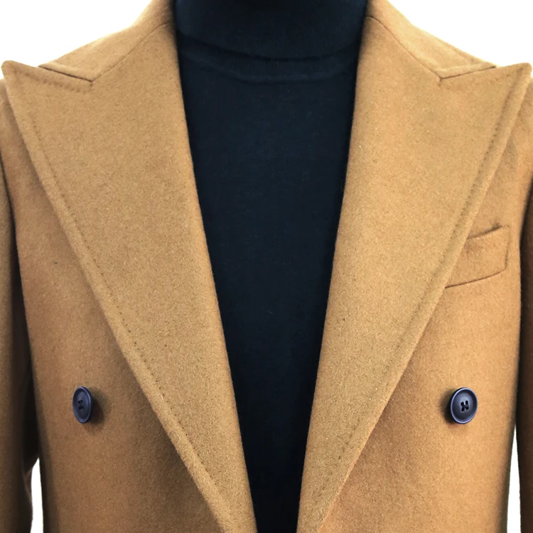 Brown double breasted men long overcoat shawl lapel fashion winter long wool great coat with belt